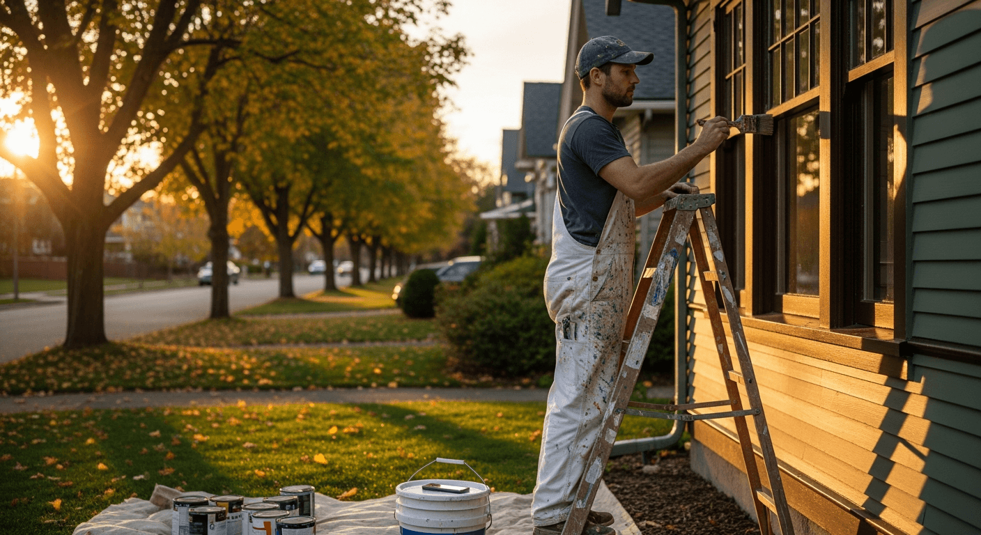 House painter on a ladder painting trim at golden hour in a small town — too busy working to check his phone