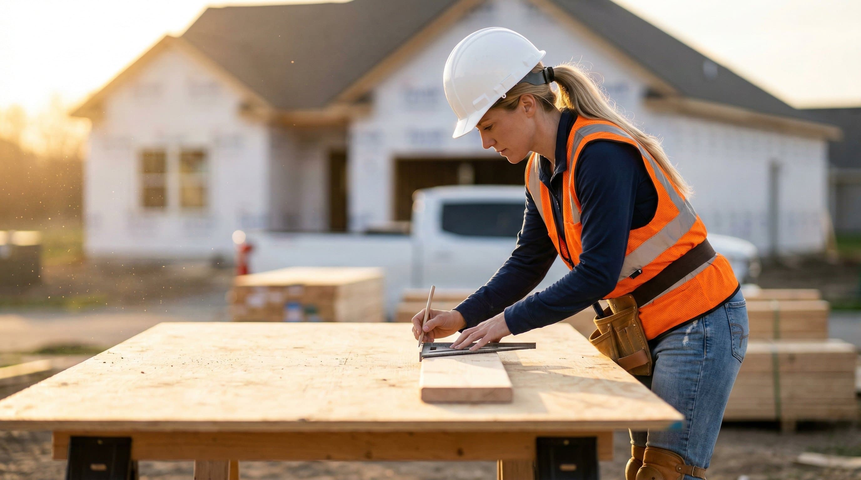 Female contractor marking a board with a speed square at a construction site during golden hour
